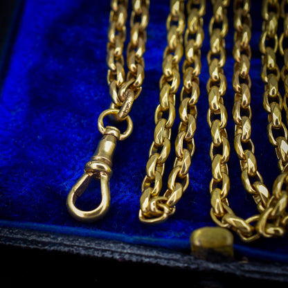 Antique 18ct Rolled Gold Faceted Belcher Link Guard Chain Necklace with Dog Clip | 56"