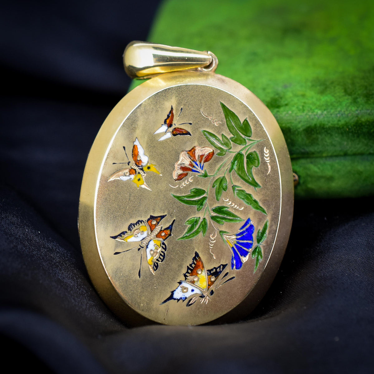 Antique '1879' Victorian Gold on Silver Oval Enamel Butterfly Locket Pendant