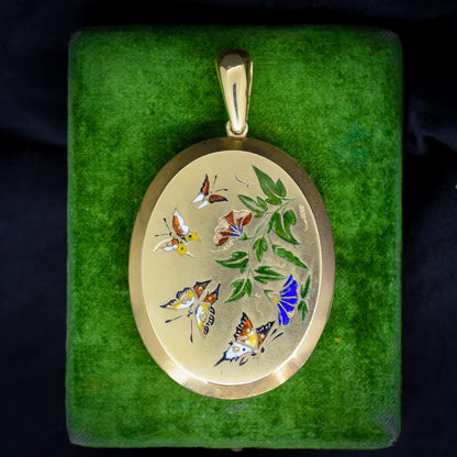 Antique '1879' Victorian Gold on Silver Oval Enamel Butterfly Locket Pendant