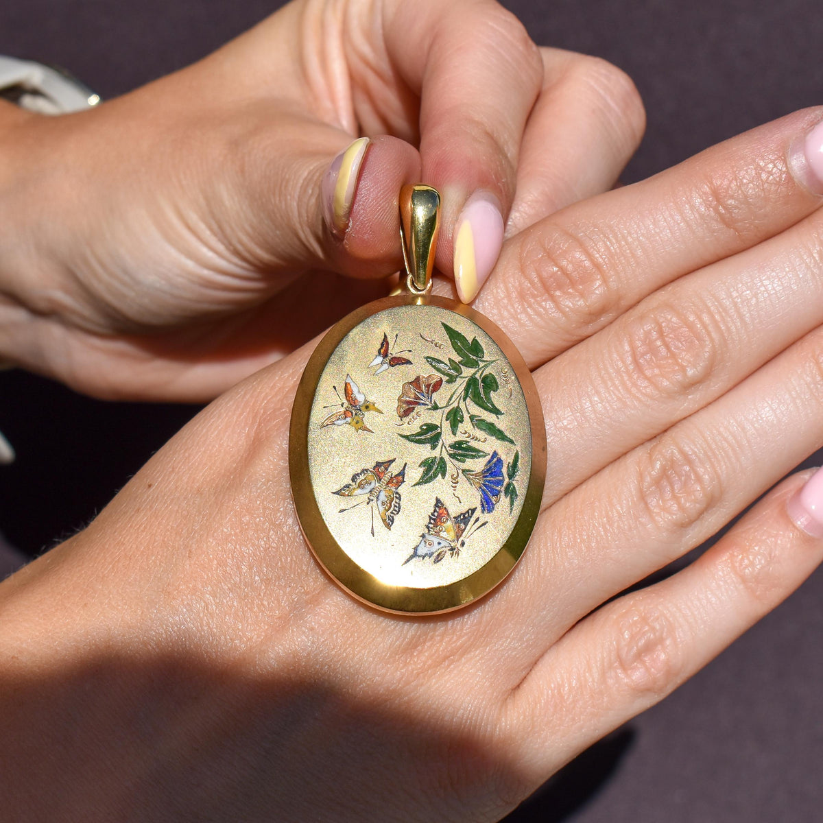 Antique '1879' Victorian Gold on Silver Oval Enamel Butterfly Locket Pendant