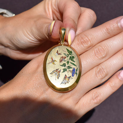 Antique '1879' Victorian Gold on Silver Oval Enamel Butterfly Locket Pendant
