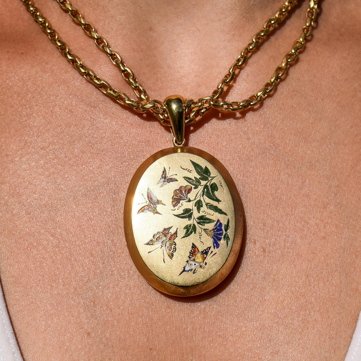 Antique '1879' Victorian Gold on Silver Oval Enamel Butterfly Locket Pendant