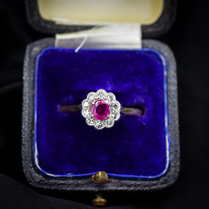 Antique Edwardian Ruby and Diamond Halo Cluster 18ct Gold Ring