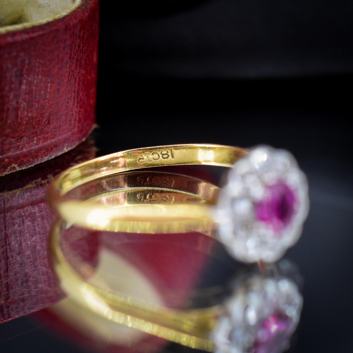 Antique Edwardian Ruby and Diamond Halo Cluster 18ct Gold Ring