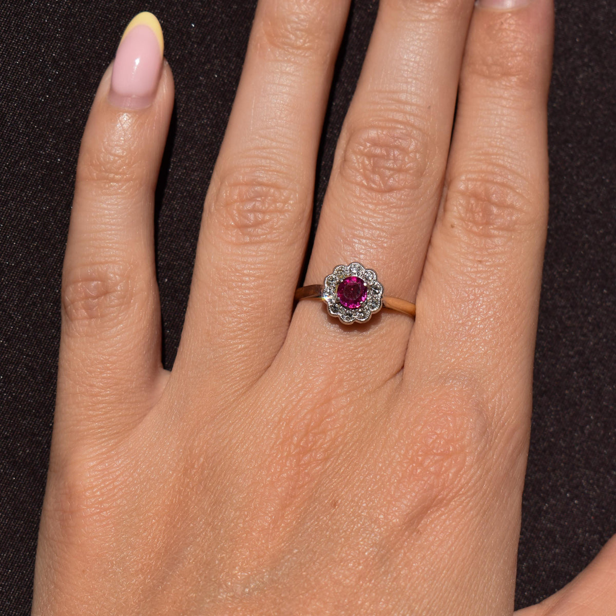Antique Edwardian Ruby and Diamond Halo Cluster 18ct Gold Ring