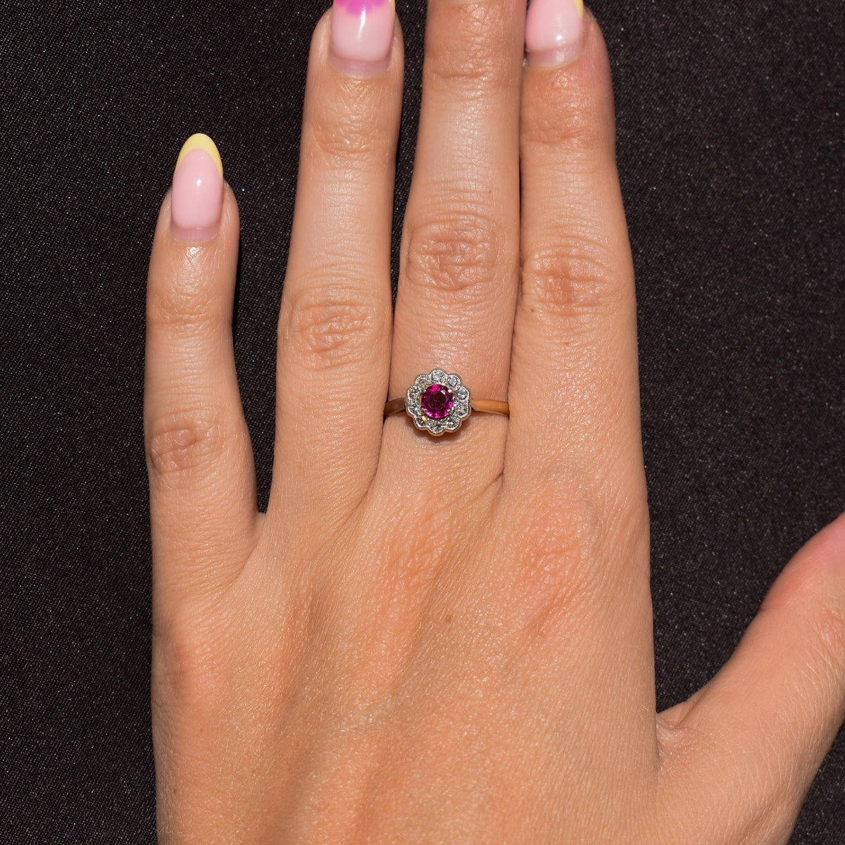 Antique Edwardian Ruby and Diamond Halo Cluster 18ct Gold Ring