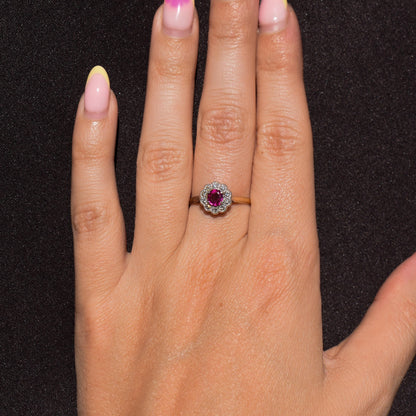 Antique Edwardian Ruby and Diamond Halo Cluster 18ct Gold Ring