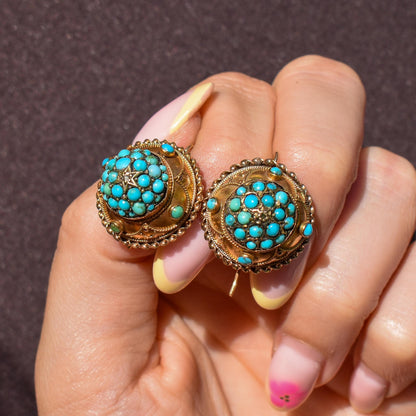 Antique Victorian Etruscan Pavé Turquoise Bombé Cluster 9ct Gold Earrings