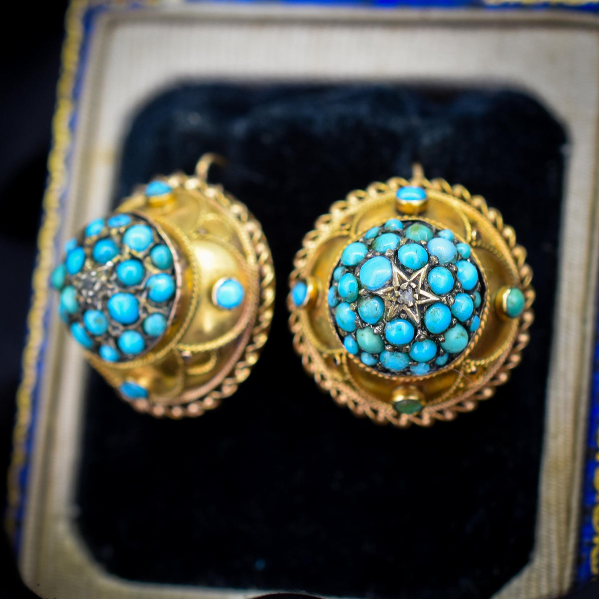 Antique Victorian Etruscan Pavé Turquoise Bombé Cluster 9ct Gold Earrings
