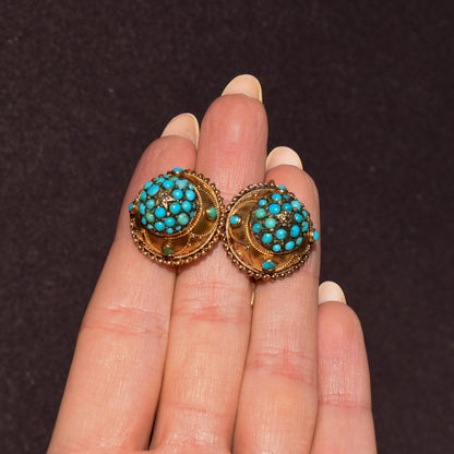 Antique Victorian Etruscan Pavé Turquoise Bombé Cluster 9ct Gold Earrings