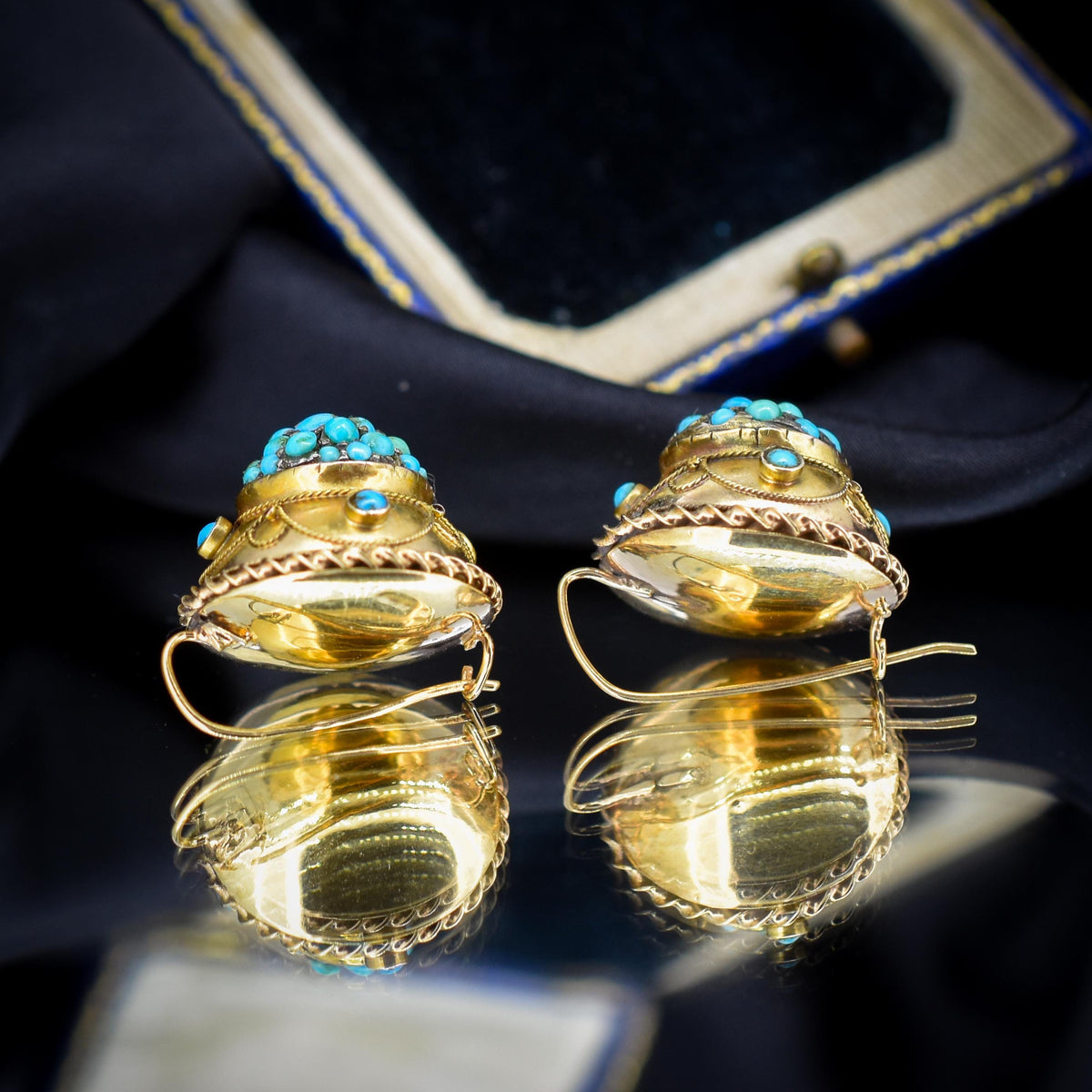 Antique Victorian Etruscan Pavé Turquoise Bombé Cluster 9ct Gold Earrings