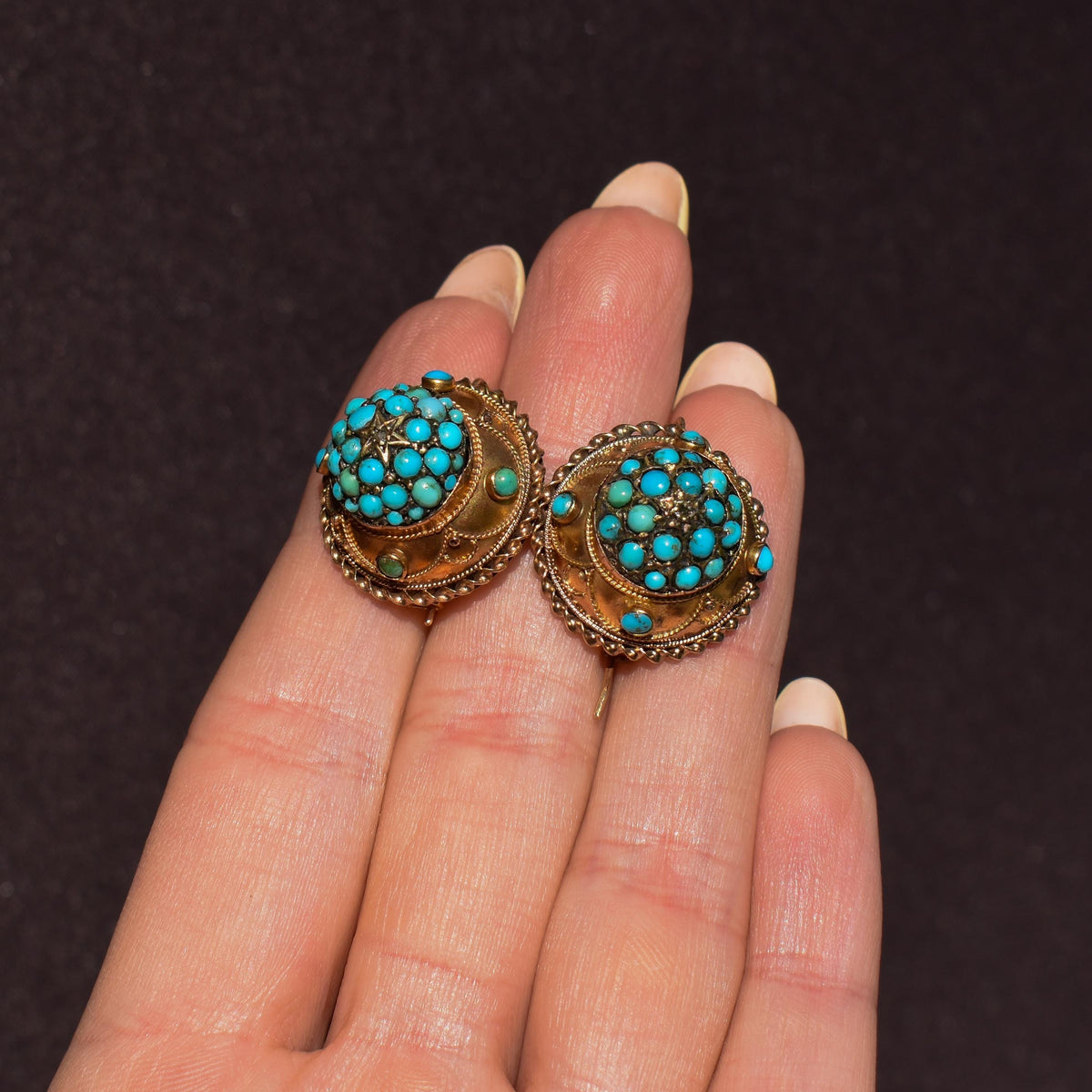 Antique Victorian Etruscan Pavé Turquoise Bombé Cluster 9ct Gold Earrings