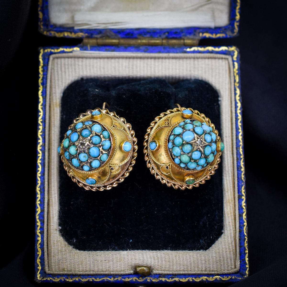 Antique Victorian Etruscan Pavé Turquoise Bombé Cluster 9ct Gold Earrings