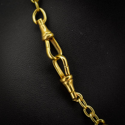 Antique 18ct Rolled Gold Curb Albert Watch Chain Necklace with T-Bar and Double Dog Clips - 17.5"
