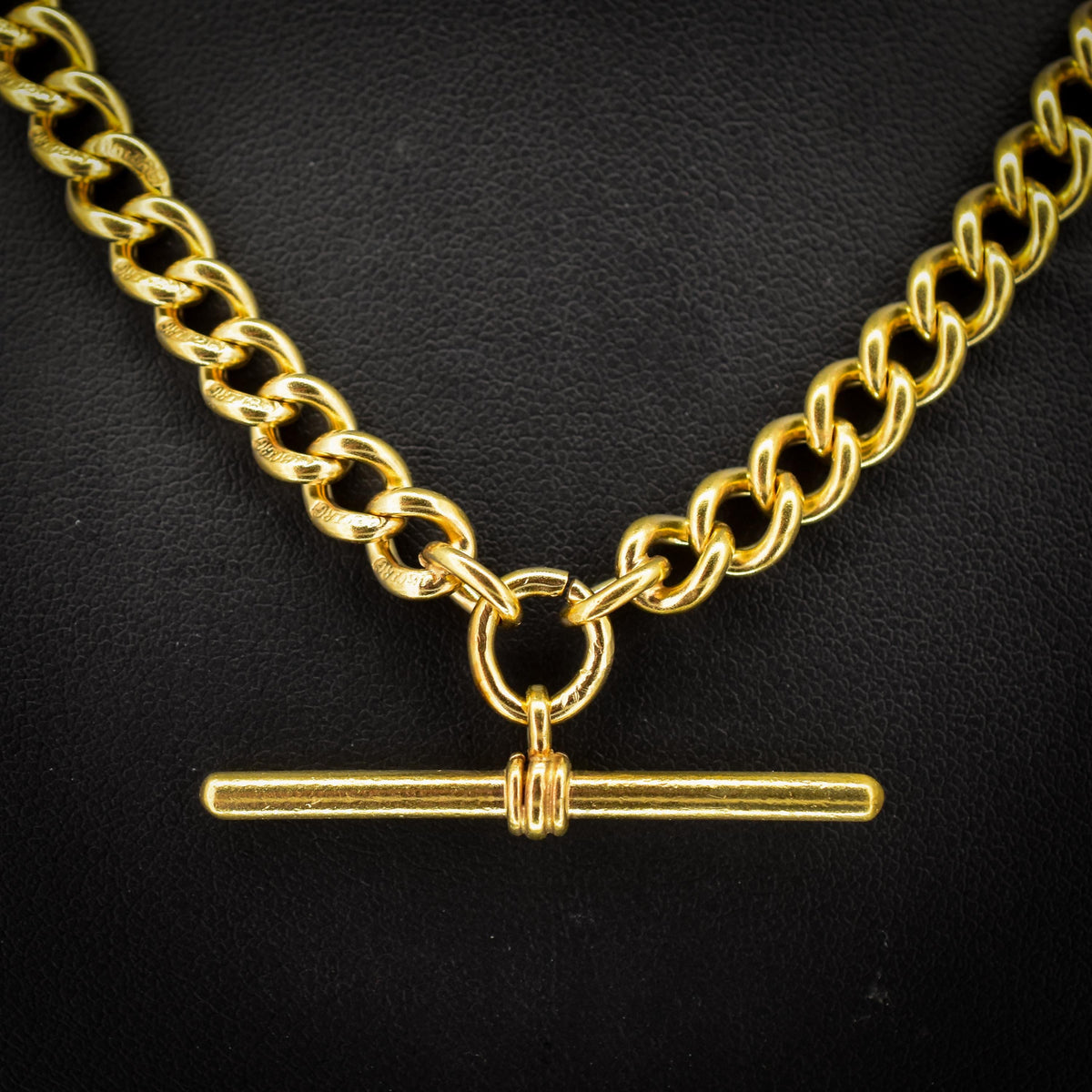 Antique 18ct Rolled Gold Curb Albert Watch Chain Necklace with T-Bar and Double Dog Clips - 17.5"