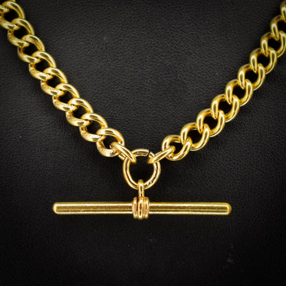 Antique 18ct Rolled Gold Curb Albert Watch Chain Necklace with T-Bar and Double Dog Clips - 17.5"