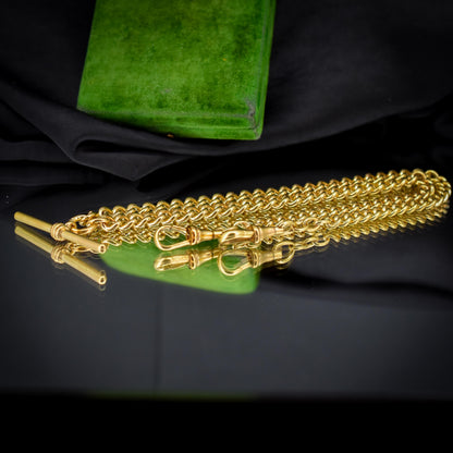 Antique 18ct Rolled Gold Curb Albert Watch Chain Necklace with T-Bar and Double Dog Clips - 17.5"