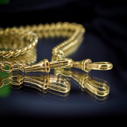 Antique 18ct Rolled Gold Curb Albert Watch Chain Necklace with T-Bar and Double Dog Clips - 17.5"