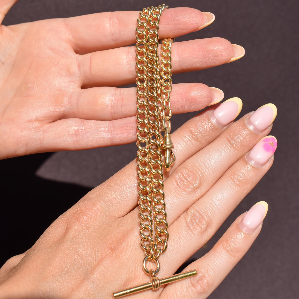 Antique 18ct Rolled Gold Curb Albert Watch Chain Necklace with T-Bar and Double Dog Clips - 17.5"