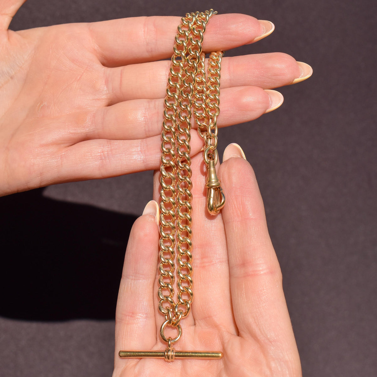 Antique 18ct Rolled Gold Curb Albert Watch Chain Necklace with T-Bar and Double Dog Clips - 17.5"