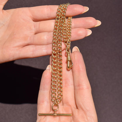 Antique 18ct Rolled Gold Curb Albert Watch Chain Necklace with T-Bar and Double Dog Clips - 17.5"