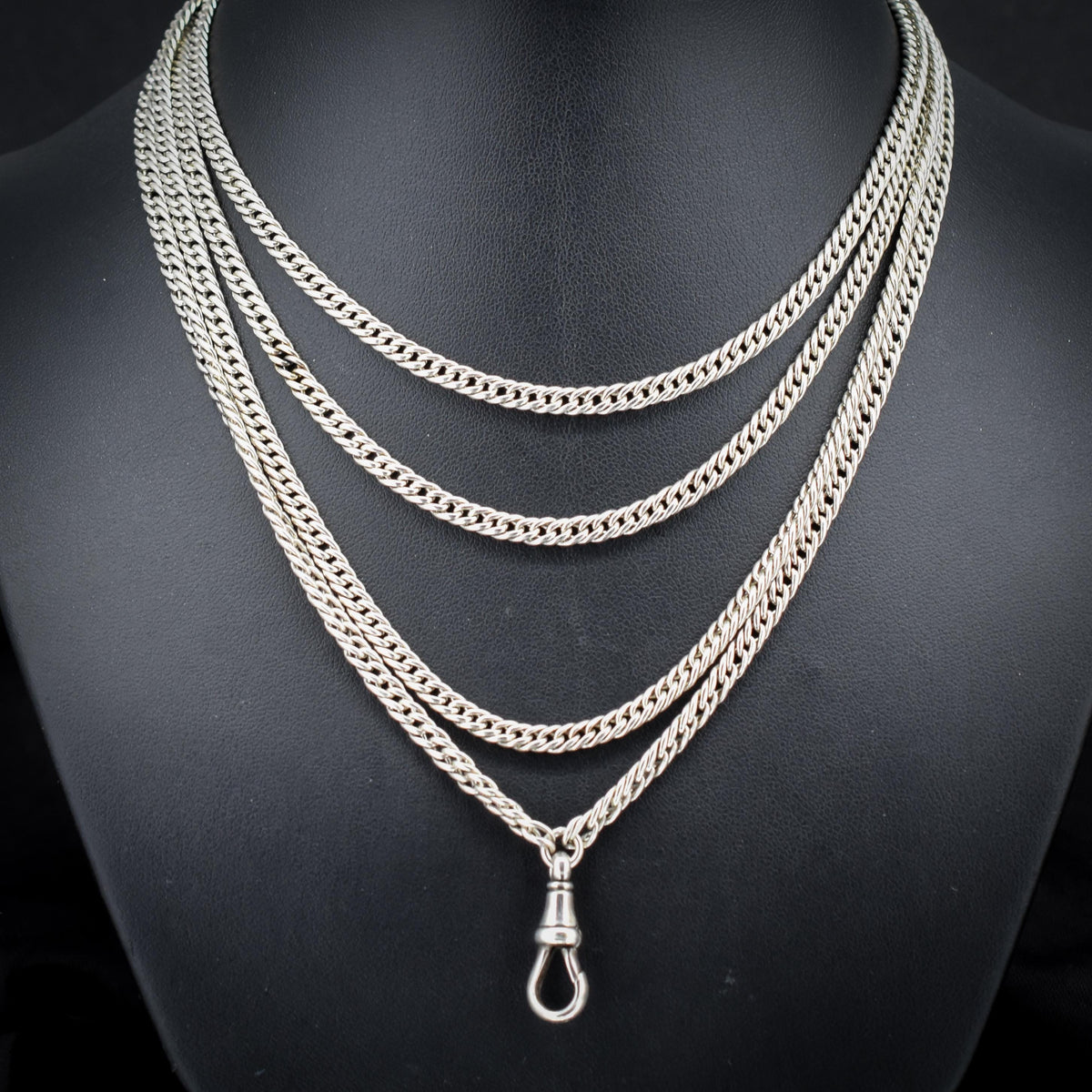 Antique Sterling Silver Flat Curb Link Long Guard Chain Necklace | 62" Length