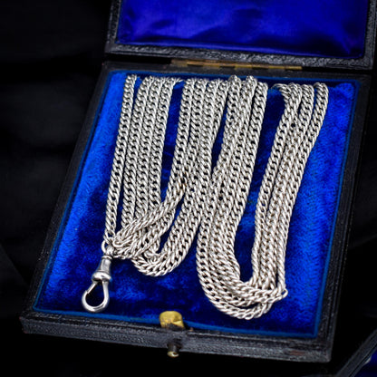 Antique Sterling Silver Flat Curb Link Long Guard Chain Necklace | 62" Length