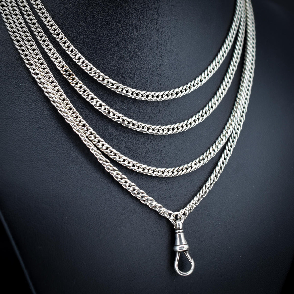 Antique Sterling Silver Flat Curb Link Long Guard Chain Necklace | 62" Length
