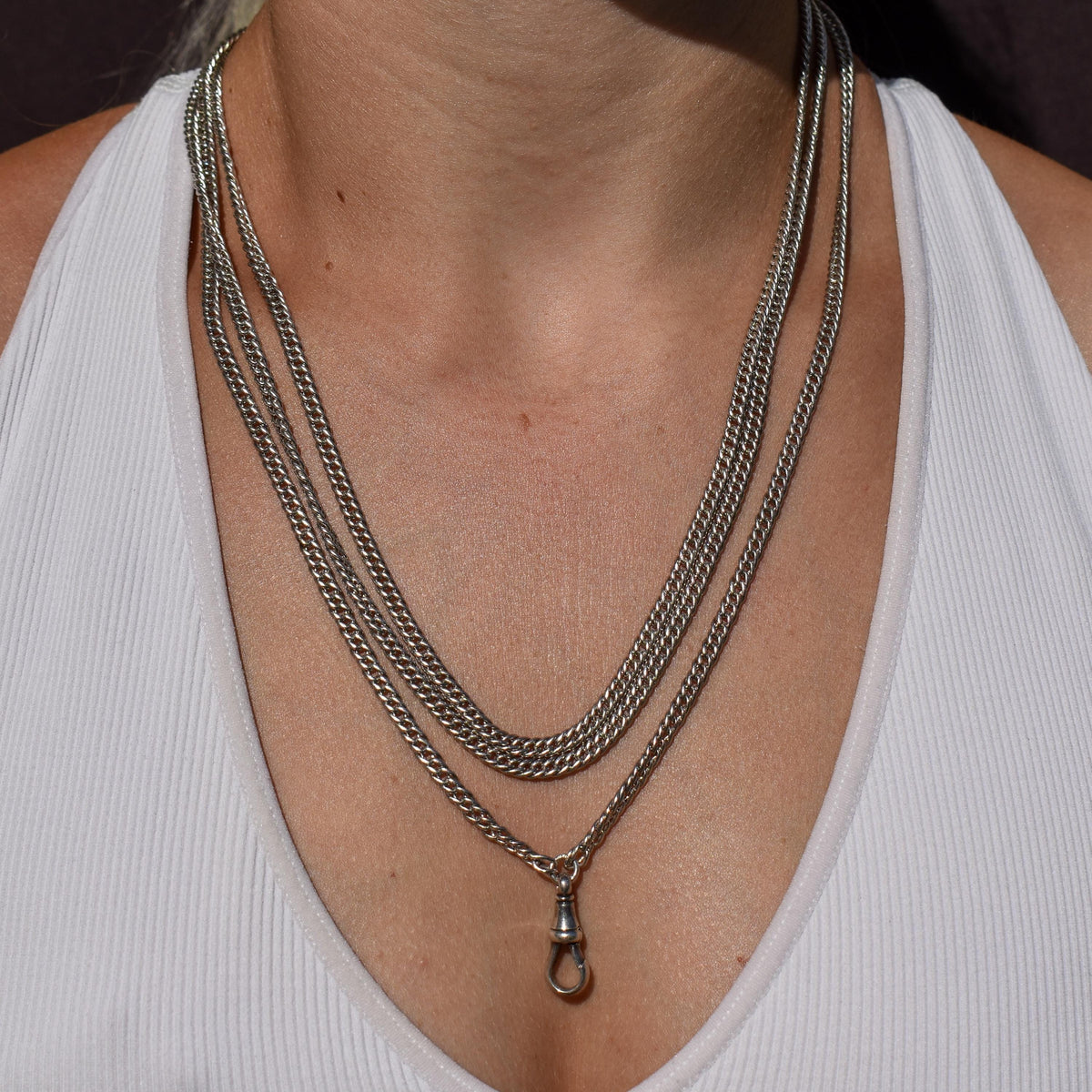 Antique Sterling Silver Flat Curb Link Long Guard Chain Necklace | 62" Length