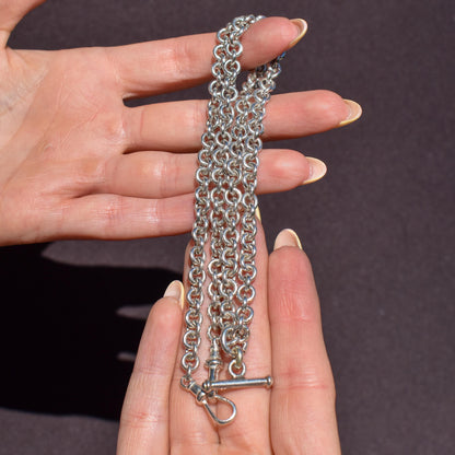 Vintage Sterling Silver Rolo Round Link Watch Chain Necklace with T-Bar and Dog Clips – 21"