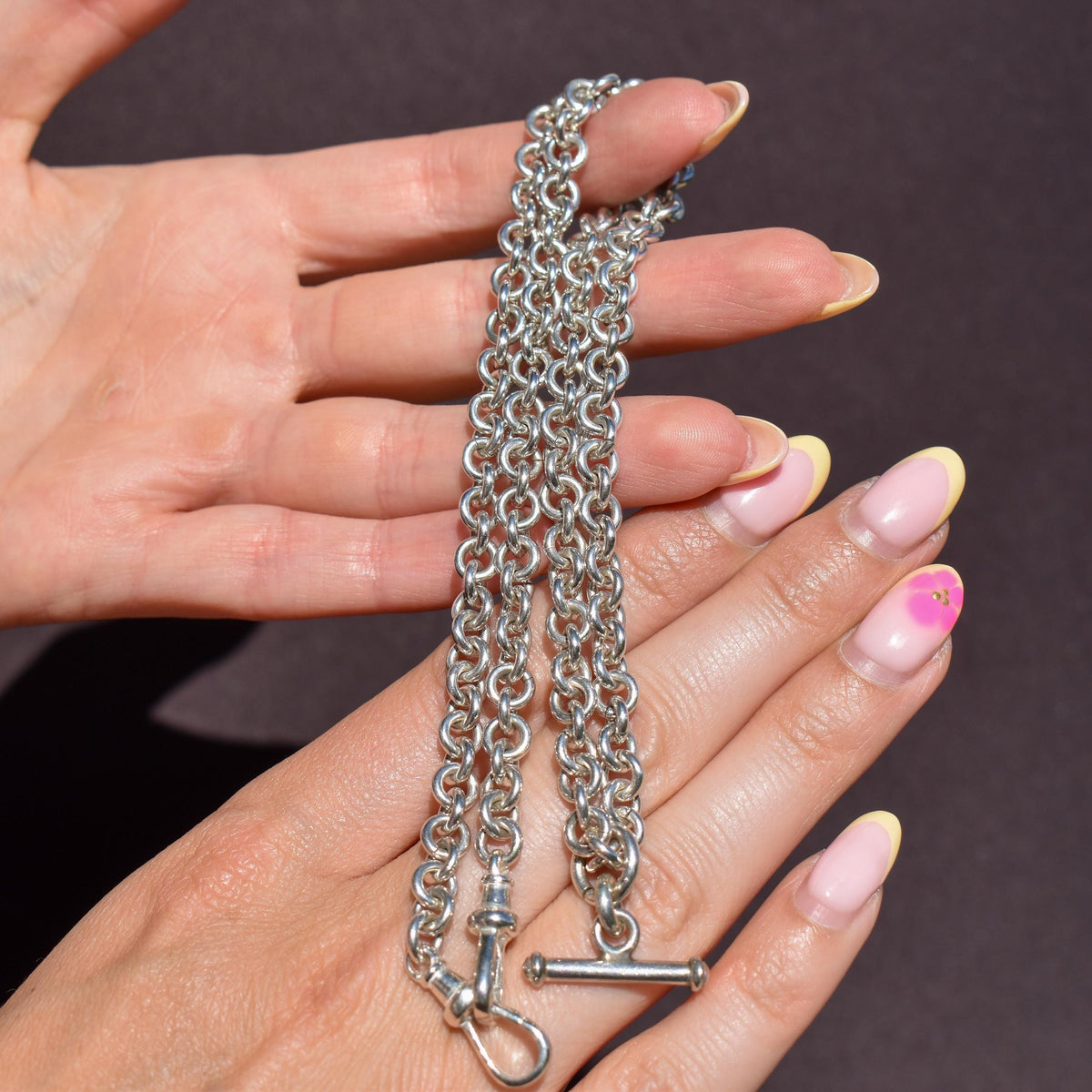 Vintage Sterling Silver Rolo Round Link Watch Chain Necklace with T-Bar and Dog Clips – 21"