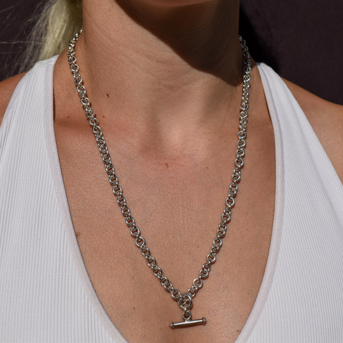 Vintage Sterling Silver Rolo Round Link Watch Chain Necklace with T-Bar and Dog Clips – 21"