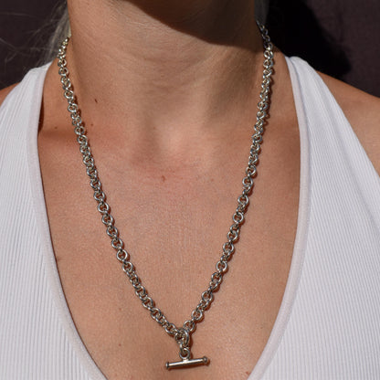 Vintage Sterling Silver Rolo Round Link Watch Chain Necklace with T-Bar and Dog Clips – 21"