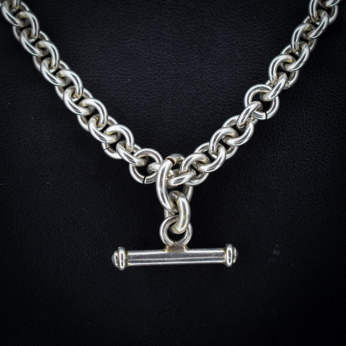 Vintage Sterling Silver Rolo Round Link Watch Chain Necklace with T-Bar and Dog Clips – 21"