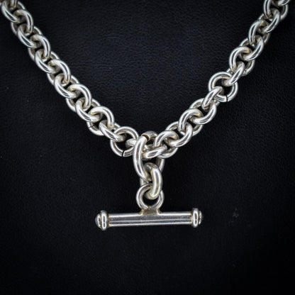 Vintage Sterling Silver Rolo Round Link Watch Chain Necklace with T-Bar and Dog Clips – 21"