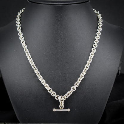 Vintage Sterling Silver Rolo Round Link Watch Chain Necklace with T-Bar and Dog Clips – 21"