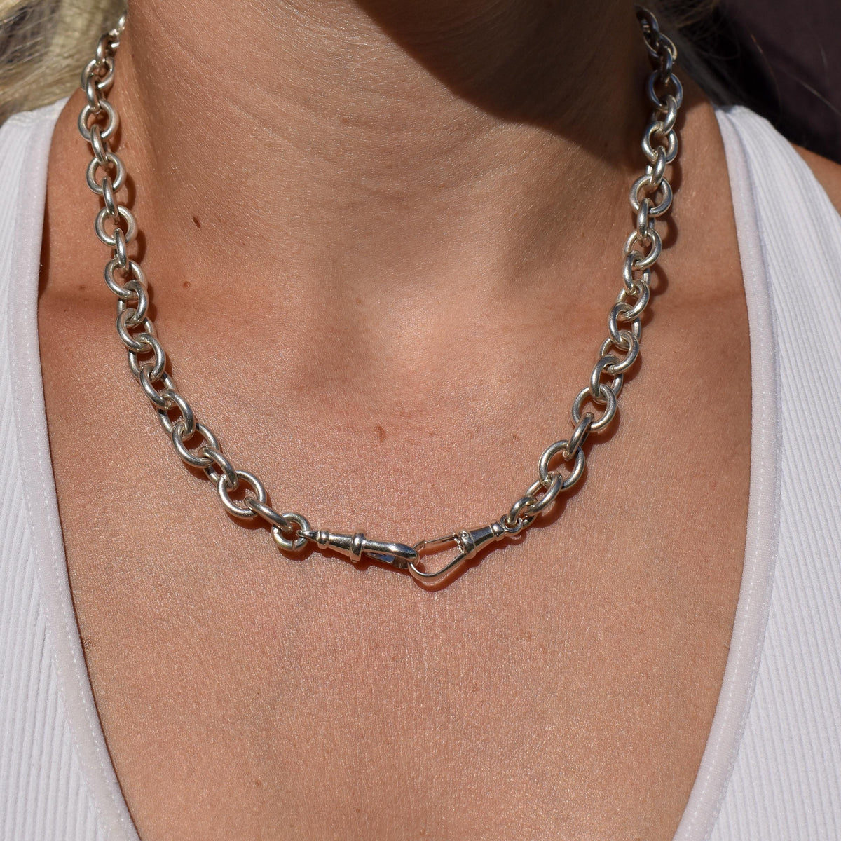 Vintage 51g Silver Oval Cable Link Chain Necklace with Double Dog Clip | 17.5"