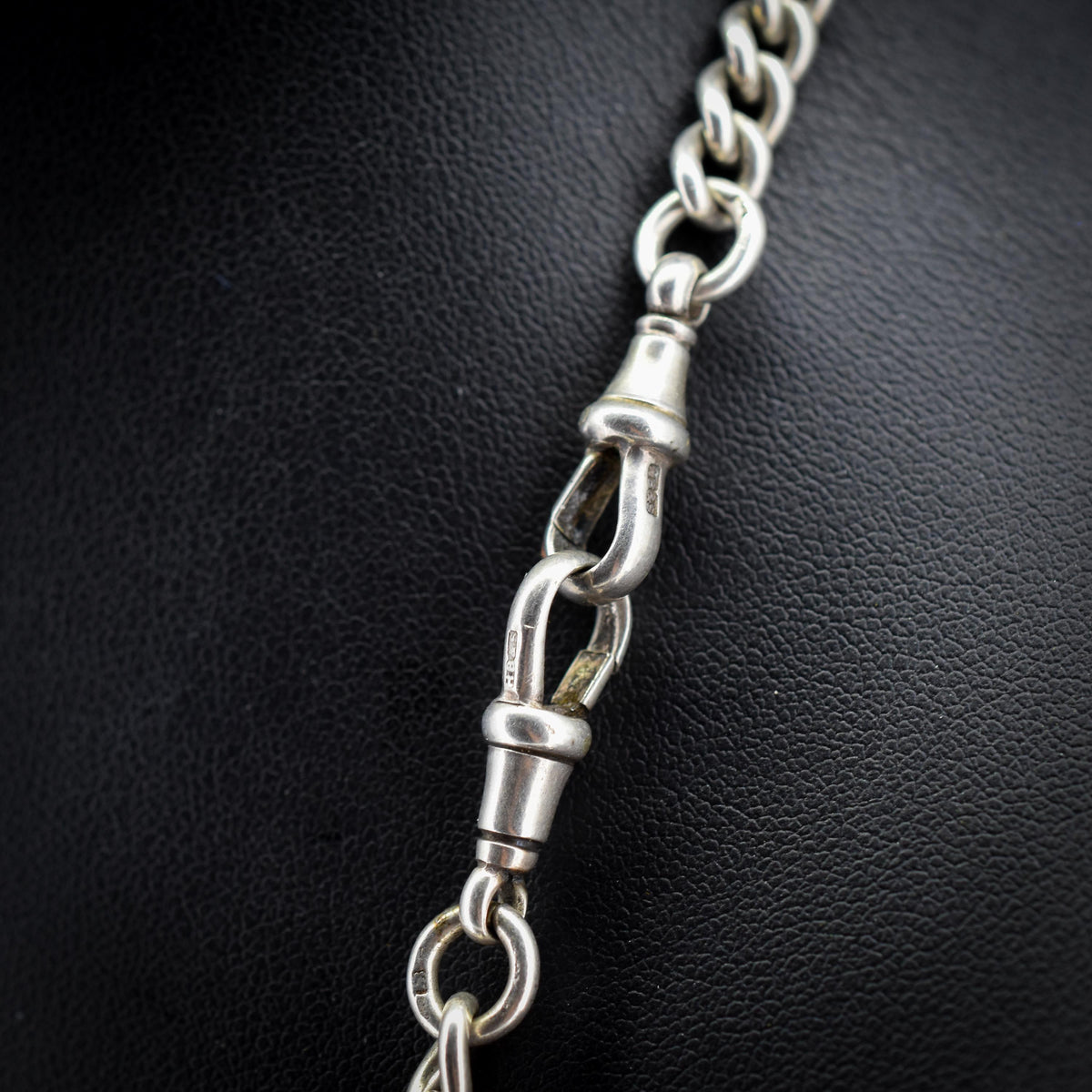 Antique 24" Sterling Silver Curb Link Albert Chain Necklace with Double Dog Clips and T-Bar