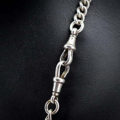 Antique 24" Sterling Silver Curb Link Albert Chain Necklace with Double Dog Clips and T-Bar