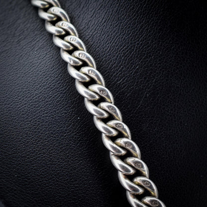 Antique 24" Sterling Silver Curb Link Albert Chain Necklace with Double Dog Clips and T-Bar