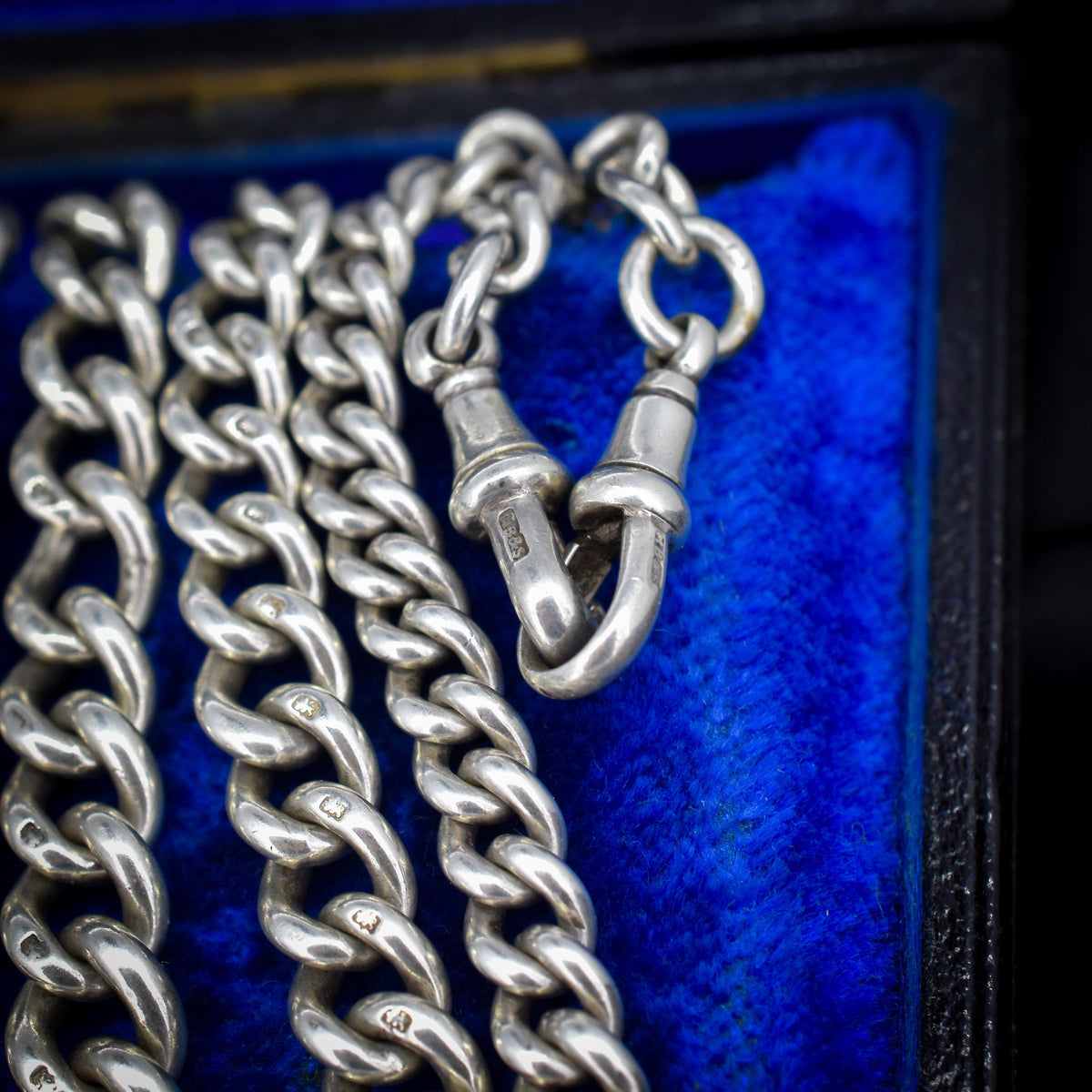 Antique 24" Sterling Silver Curb Link Albert Chain Necklace with Double Dog Clips and T-Bar