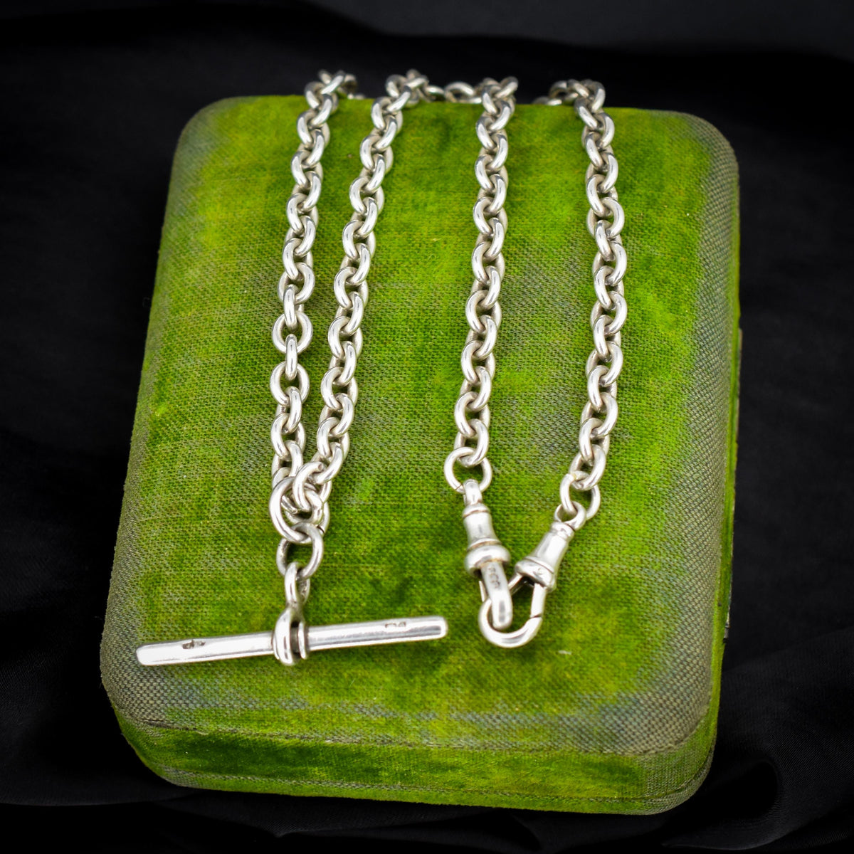 Vintage Sterling Silver Oval Cable Link Watch Chain Necklace with T-Bar and Dog Clips – 17"