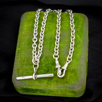 Vintage Sterling Silver Oval Cable Link Watch Chain Necklace with T-Bar and Dog Clips – 17"