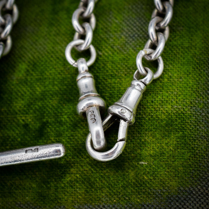 Vintage Sterling Silver Oval Cable Link Watch Chain Necklace with T-Bar and Dog Clips – 17"