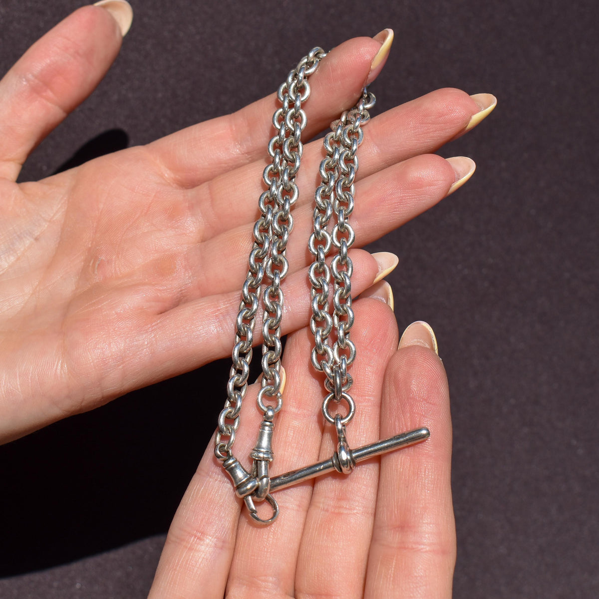 Vintage Sterling Silver Oval Cable Link Watch Chain Necklace with T-Bar and Dog Clips – 17"