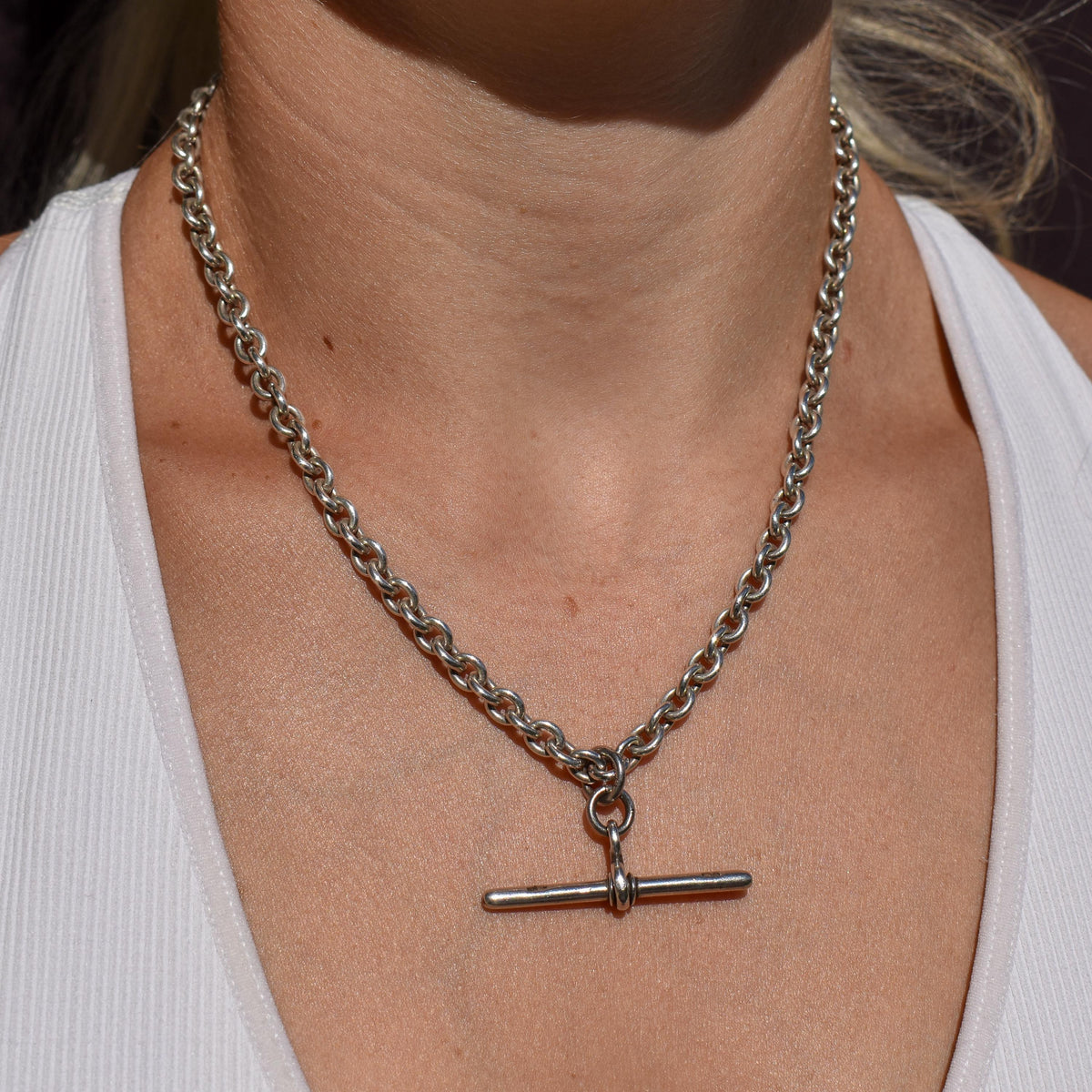 Vintage Sterling Silver Oval Cable Link Watch Chain Necklace with T-Bar and Dog Clips – 17"