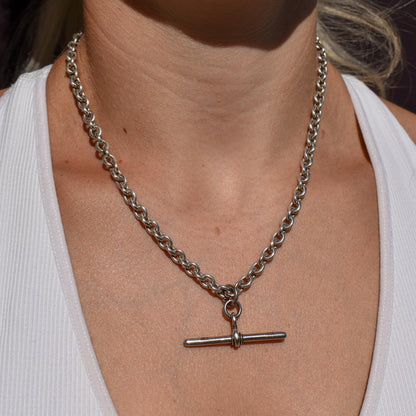 Vintage Sterling Silver Oval Cable Link Watch Chain Necklace with T-Bar and Dog Clips – 17"