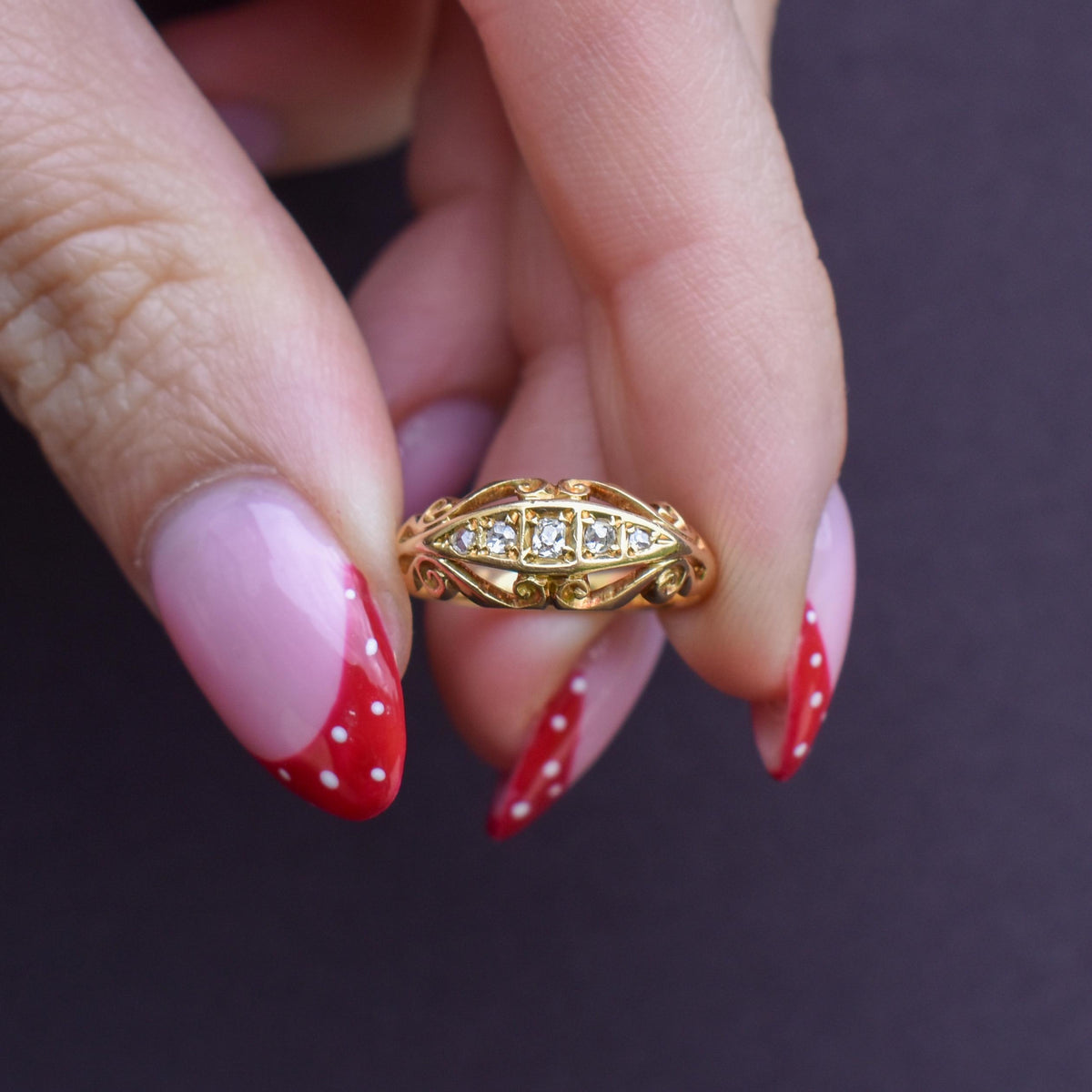 Antique Diamond Five Stone 18ct Yellow Gold Scroll Boat Ring | Dated 1914