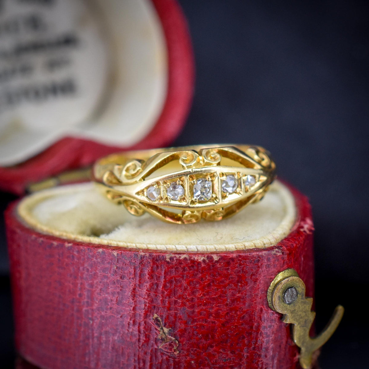 Antique Diamond Five Stone 18ct Yellow Gold Scroll Boat Ring | Dated 1914