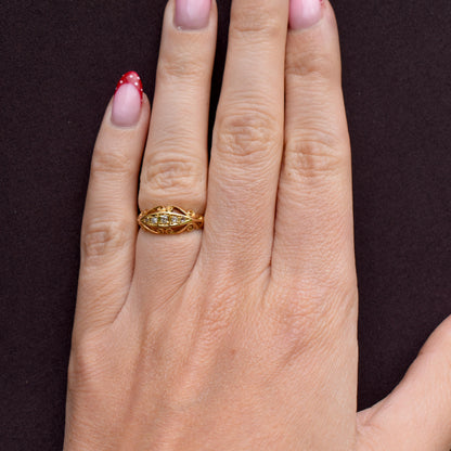 Antique Diamond Five Stone 18ct Yellow Gold Scroll Boat Ring | Dated 1914